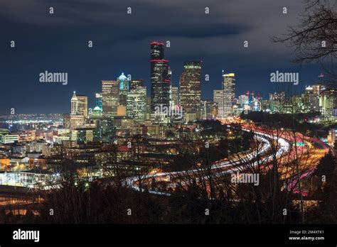 Downtown Seattle skyline at night Stock Photo - Alamy