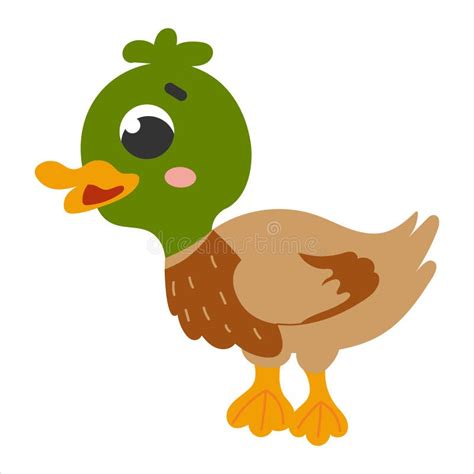 Cute Green Duck in Cartoon Style Isolated on White Background, Farm Animal, Rural Lifestile ...