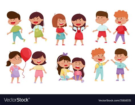 Friendly little kids sharing toys and socializing Vector Image