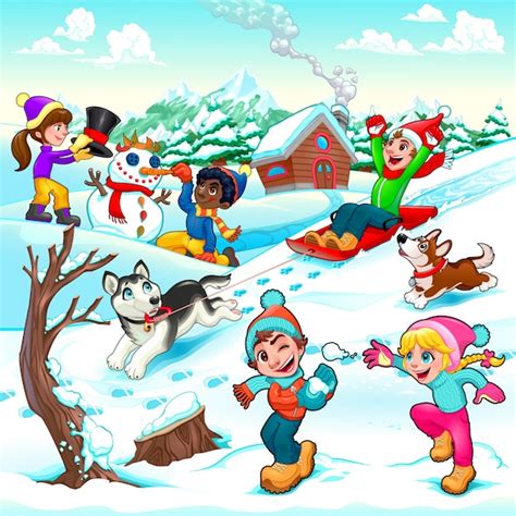 Free Vector | Funny winter scene with children and dogs cartoon vector ...