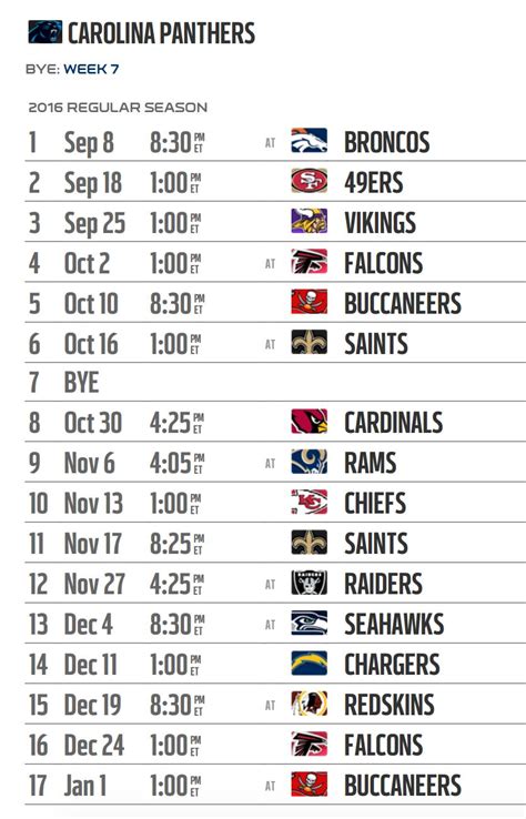 Carolina Panthers Printable Schedule