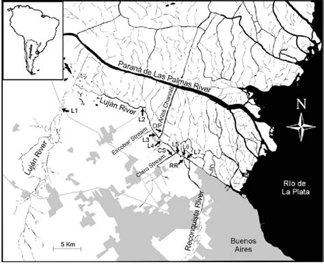 Map of the Lower Luján River and its tributaries. The sampling sites ...