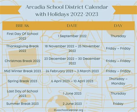 Arcadia School District Calendar with Holidays 2022-2023