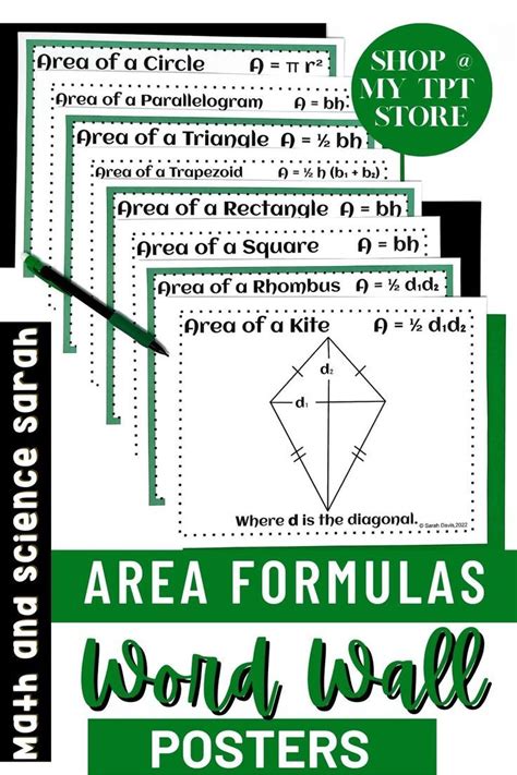 Area Formulas Word Wall Posters Green - Rhombus, Trapezoid, Square ...