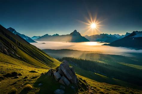 Premium AI Image | sunrise over a mountain valley with a mountain view.