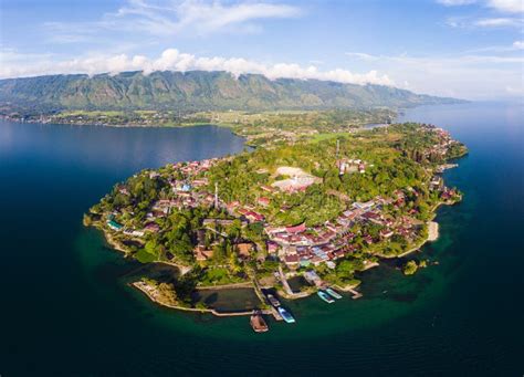 Aerial: Lake Toba and Samosir Island View from Above Sumatra Indonesia ...