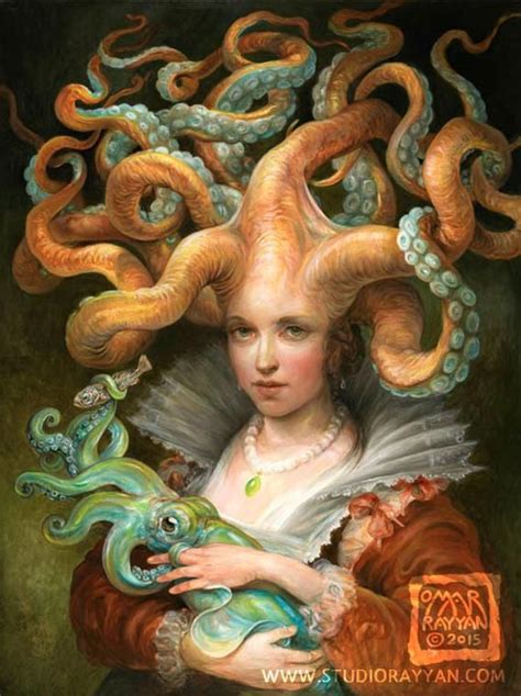 Contessa with Squid (print) fantasy art octopus woman squid tentacles mother and child