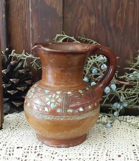 Mexico Red Clay Pottery, Marked MEJICO, Shell Inlay, Pitcher, Vase, Folk Art, Collectible ...