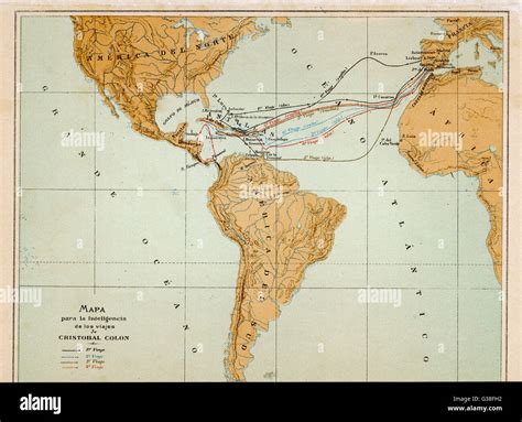 Une carte montrant les quatre voyages prises par Christophe Colomb ...