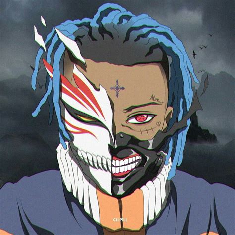 a man with blue hair and white face paint on his face, standing in front of dark clouds