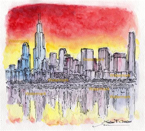 Chicago skyline watercolor painting overlooking Lake Michigan at sunset.