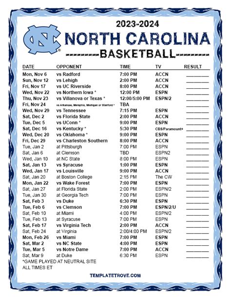 Printable 2023-2024 North Carolina Tarheels Basketball Schedule