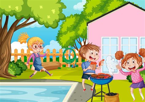 Backyard background with cartoon kids 8138755 Vector Art at Vecteezy