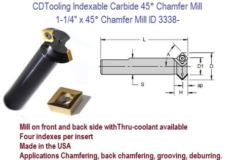 45 Degree Chamfer Mill 1.25 1-1/4 Inch Diameter ANG-030 Indexable ...