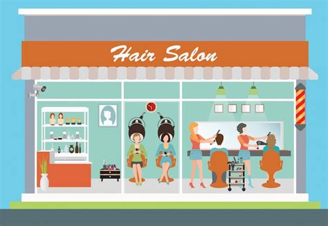 Hair salon building and interior. | Premium Vector