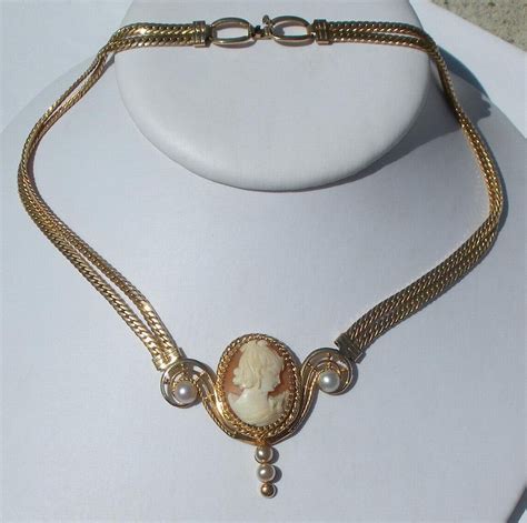 Antique 1920s Victorian Carved Cameo Gold Filled Necklace with Pearls | Gold fill necklace ...