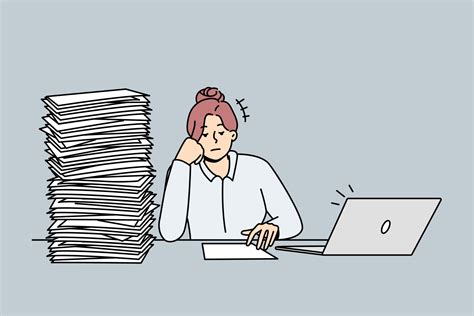 Tired unmotivated businesswoman sit at desk with pile of paperwork. Exhausted female employee ...