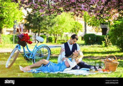 Happy together. My darling. Anniversary concept. Idyllic moment. Man and woman in love. Picnic ...