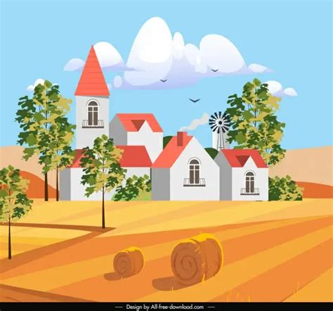 Farming scenery painting contemporary houses field sketch Vectors graphic art designs in ...