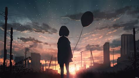 Alone Anime Girl Holding Balloon Wallpaper