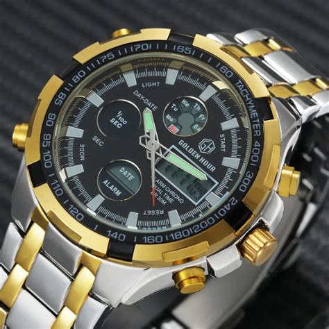 GOLDENHOUR Military Digital Dual Time Watch Men Chronograph Alarm Calendar Multifunction ...