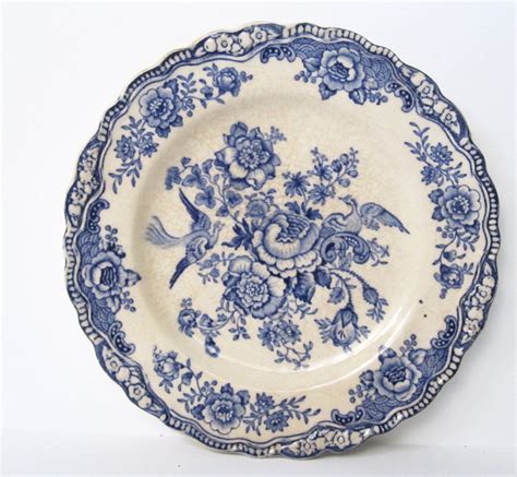 Vintage Blue Floral Plate with Birds