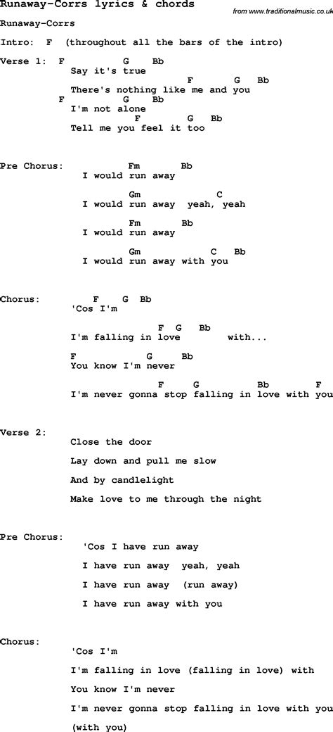 Love Song Lyrics for:Runaway-Corrs with chords.