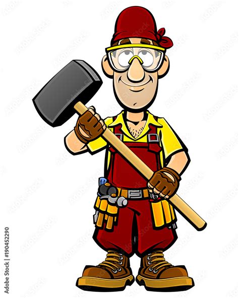 Builder with a sledgehammer in his hands. Cartoon character. Stock Vector | Adobe Stock