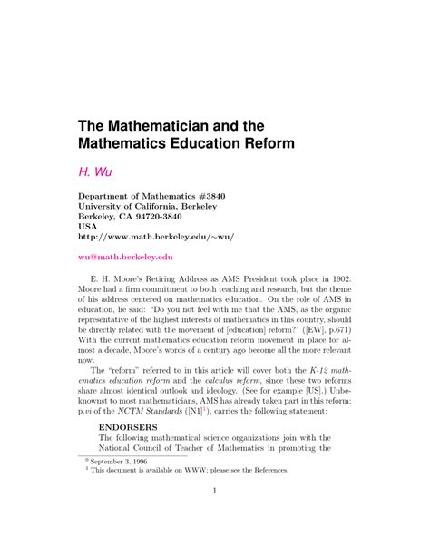 (PDF) The Mathematician and the Mathematics Education Reform