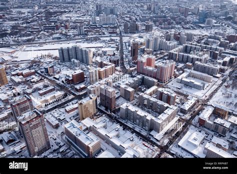 Winter landscape from a aerial view of the city of Novosibirsk, of the ...