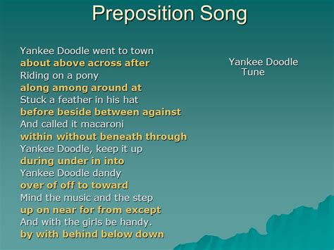 Preposition List Song Yankee Doodle