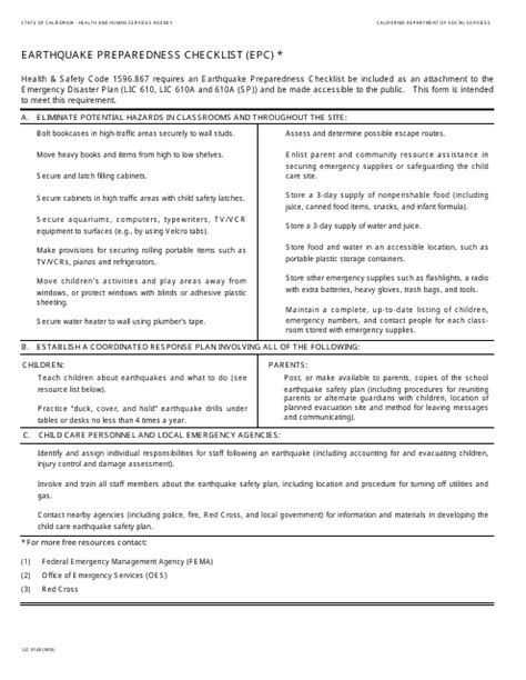 Form LIC 9148 Download Printable PDF, Earthquake Preparedness Checklist (Epc) - California ...