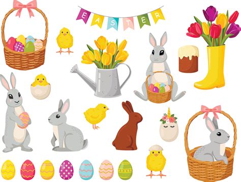 Set of cute Easter cartoon characters and design elements. Easter bunny ...