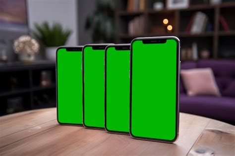 Premium Photo | Smartphones with green screen on table in living room Mock up
