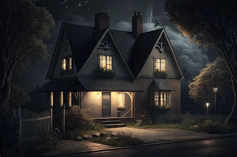 Premium Photo | Small rural house exterior of a classic house at night with entrance by road