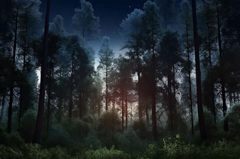 Premium Photo | Foggy forest at night with starry sky and moonlight