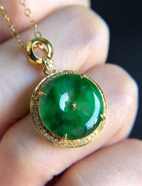 High Grade Natural Jadeite Pendant 18K Gold & Natural Ice Species Jadeite Pure Green Lucky ...