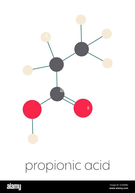 Propionic acid (propanoic acid) molecule. Used as preservative in food. Stylized skeletal ...