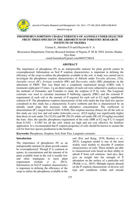 (PDF) PHOSPHORUS SORPTION CHARACTERISTICS OF ALFISOLS UNDER SELECTED FRUIT TREES SPECIES IN THE ...