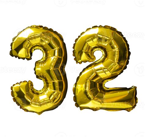 32 Golden number helium balloons isolated background. Realistic foil and latex balloons. design ...