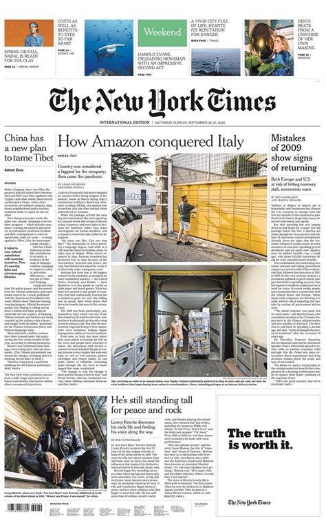 New York Times Front Page 26th of September 2020 - Tomorrow's Papers Today!