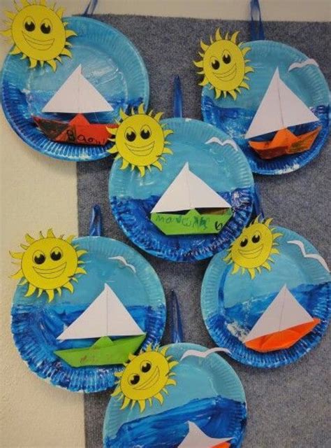 Paper plate Summer Pictures Boat Sailing Sun Kids Crafts, Summer Crafts For Kids, Daycare Crafts ...