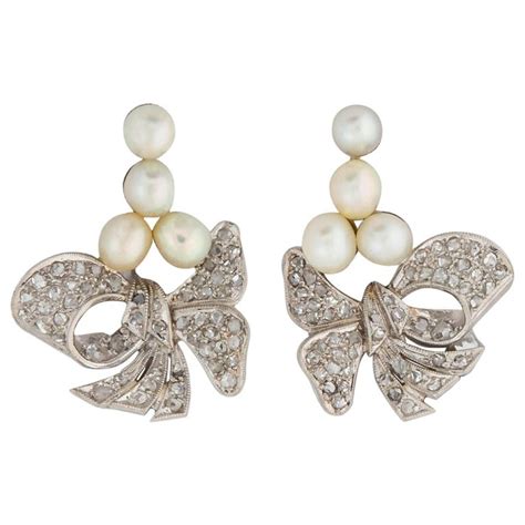 Vintage Platinum Pearl and Diamond Earrings For Sale at 1stDibs