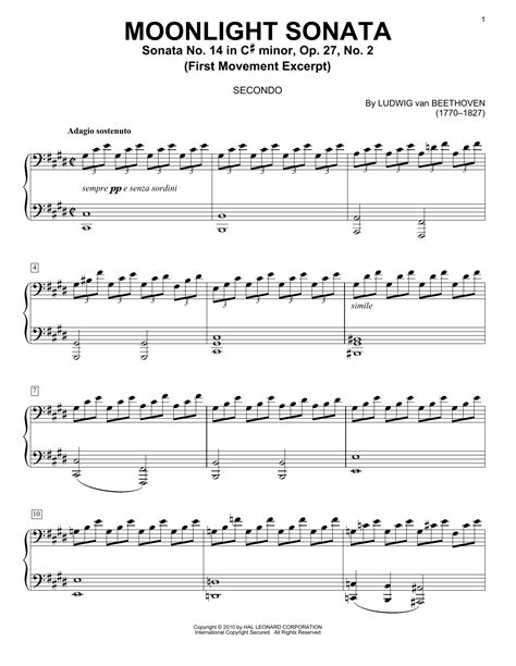 Piano Sonata No. 14 In C# Minor ("Moonlight") Op. 27, No. 2 First Movement Theme sheet music by ...