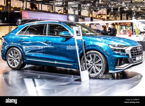 Brussels, Belgium, Jan 2019: metallic blue all new Audi Q8 at Brussels Motor Show, 1st gen, SUV ...