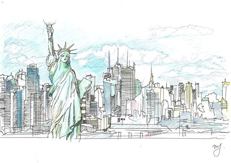 Color Pencil Sketch of New York City, Statue of Liberty on Liberty Island, New York Harbor, NYC ...