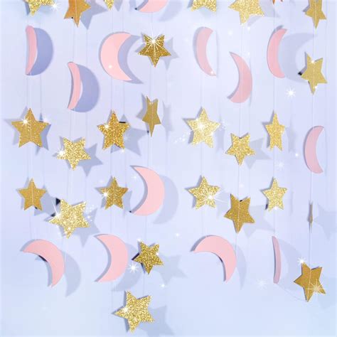 Amazon.com: Moon and Stars Garland 2PCS Glitter Gold Twinkle Stars Pink ...