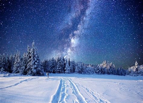 HD wallpaper: landscape, night, winter, snow, starry night, sky, forest ...