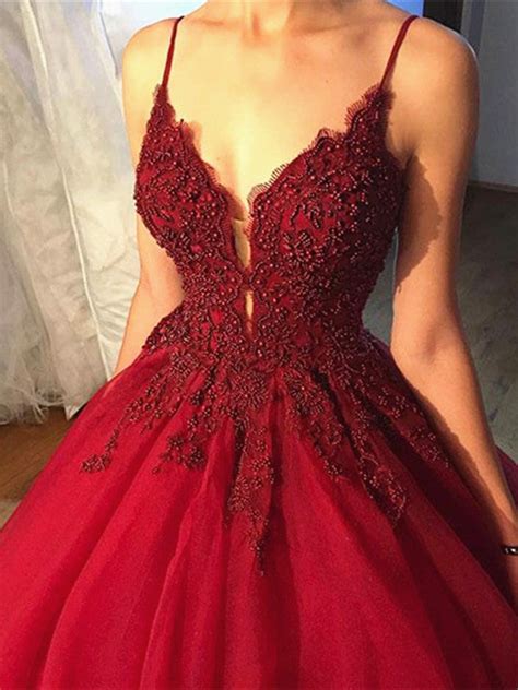 Beaded V Neck Burgundy Prom Dress with Lace Flowers, Burgundy Formal G – jbydress