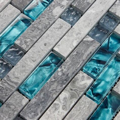 Gray Marble Backsplash Tiles Sea Glass Blue Wave Patterns Natural Stone Bathroom Wall Mosaic ...